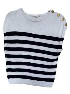 Brit NY Striped Crewneck Sweater with Gold Shoulder Buttons - White & Navy Blue
